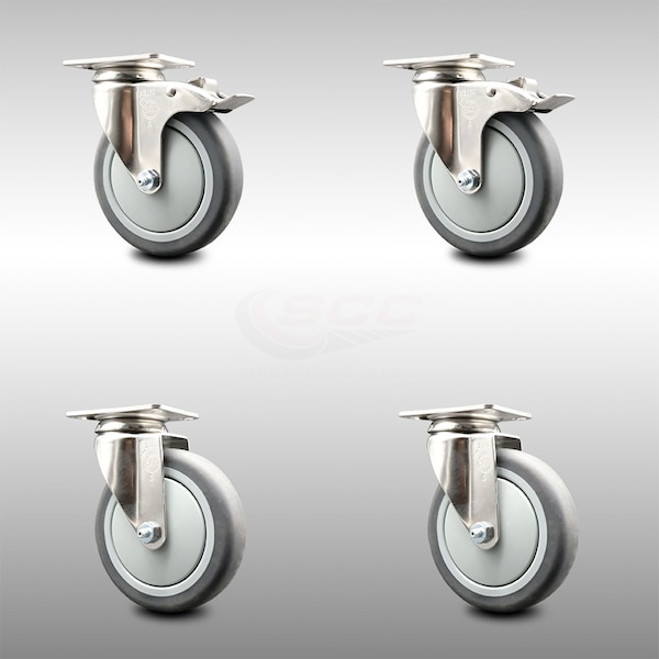 5 Inch 316SS Thermoplastic Rubber Swivel Top Plate Caster Lock Brakes SCC, 2PK